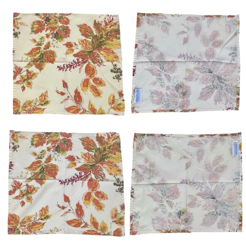 April Cornell Set 4 of Beige Fall Leaves 100% Cotton Cloth Napkins Autumn Decor